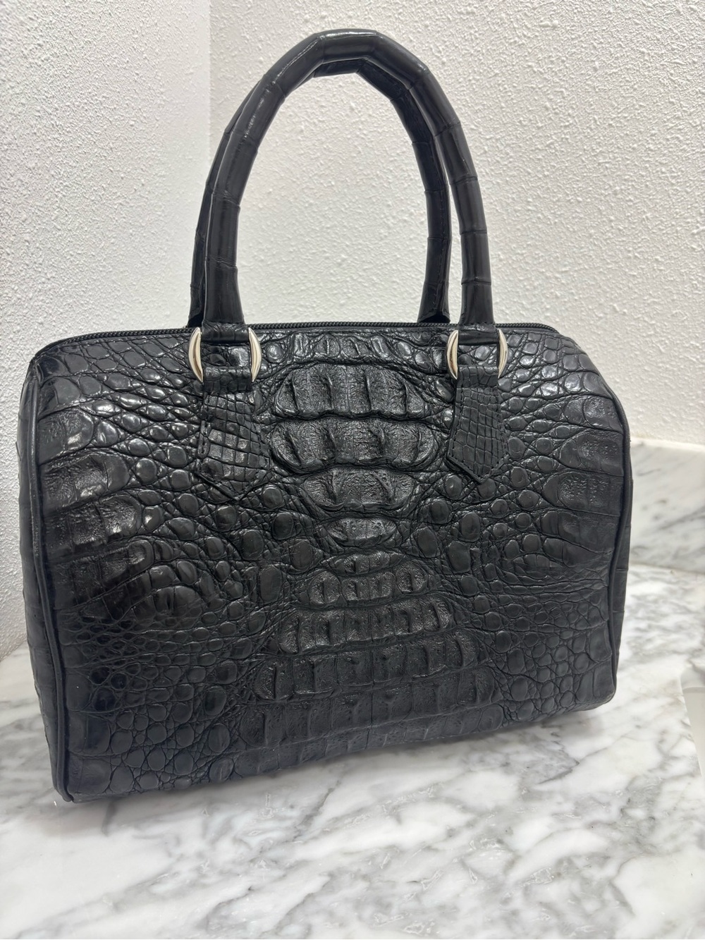River, Leather Croc Black Satchel Shoulder Bag
